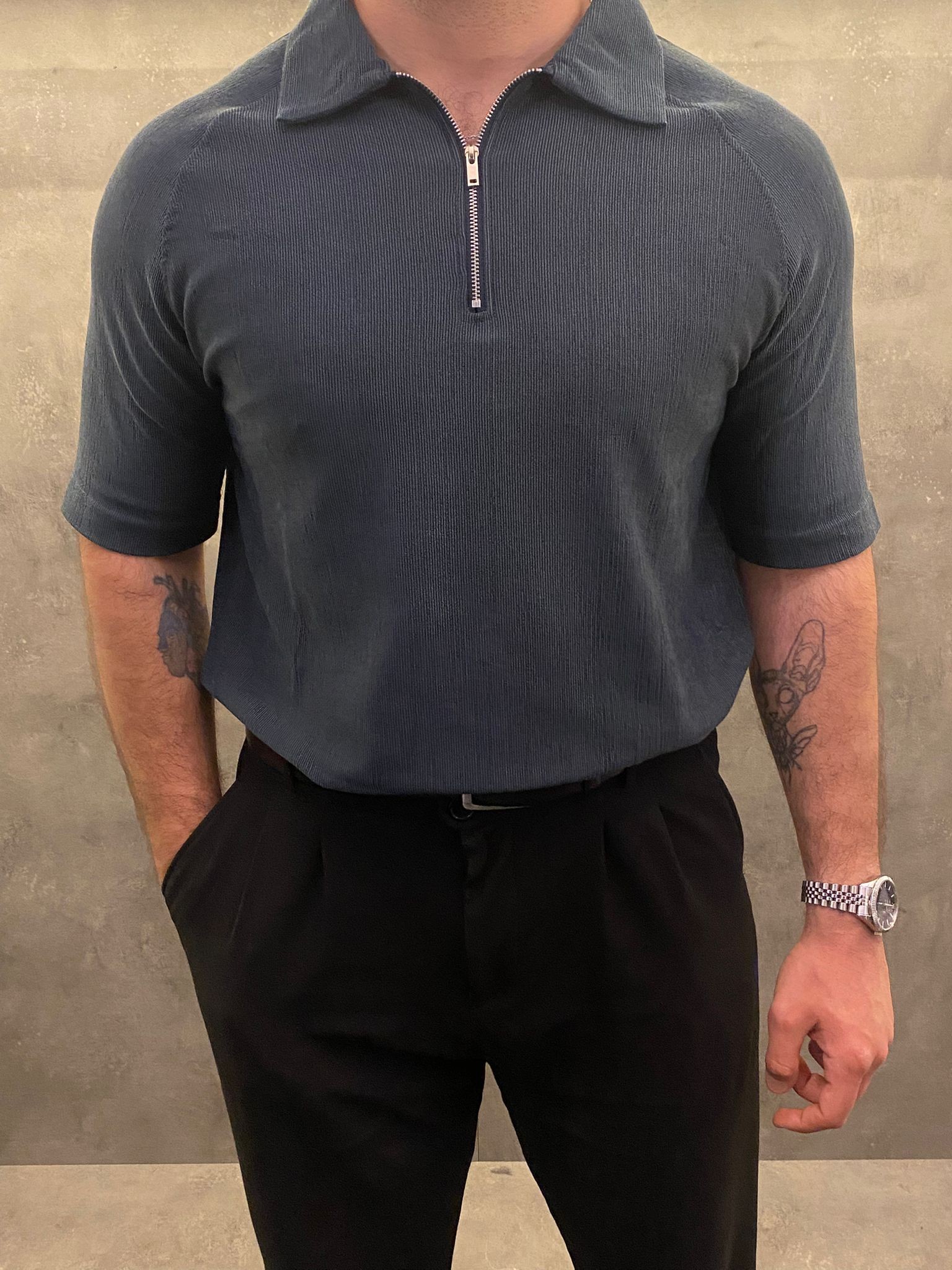 Half Zip Premium İndigo Polo Yaka