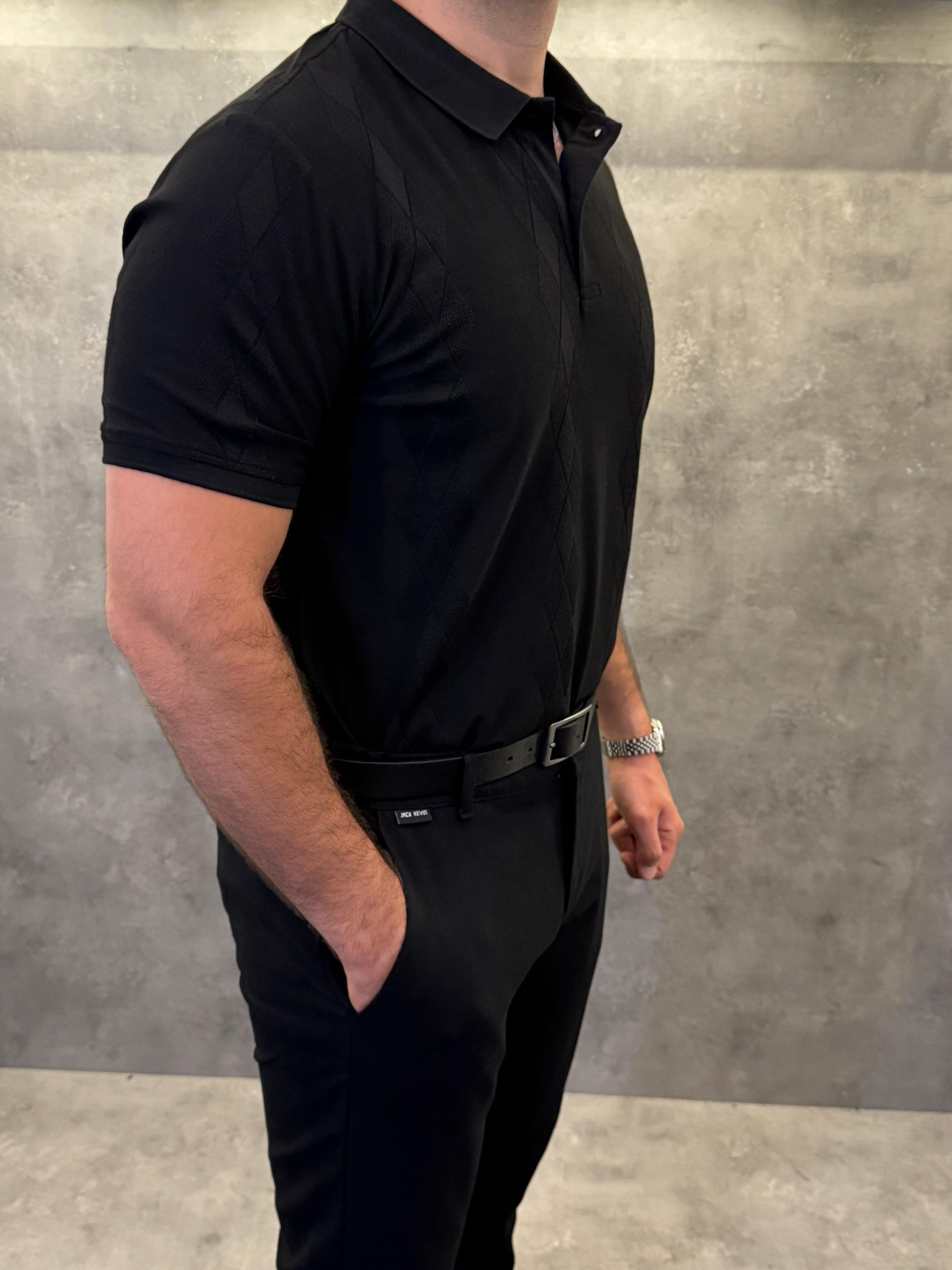 Noir Carreau Karo Desenli Polo Yaka