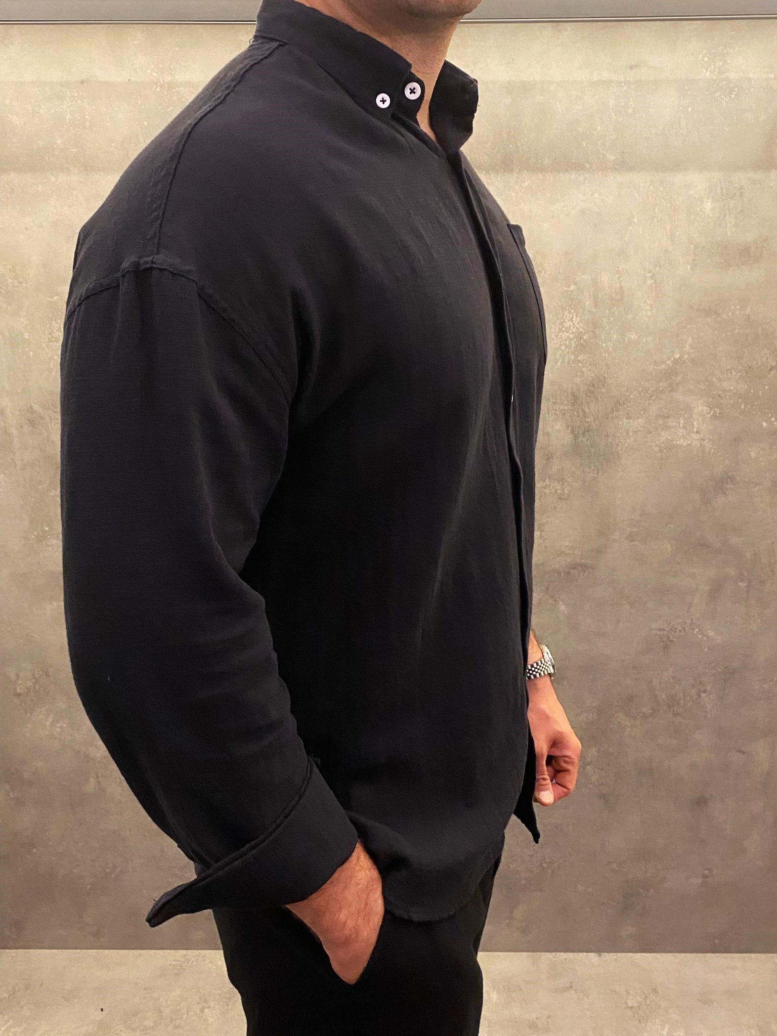 Linen Cotton Premium Siyah Keten Gömlek