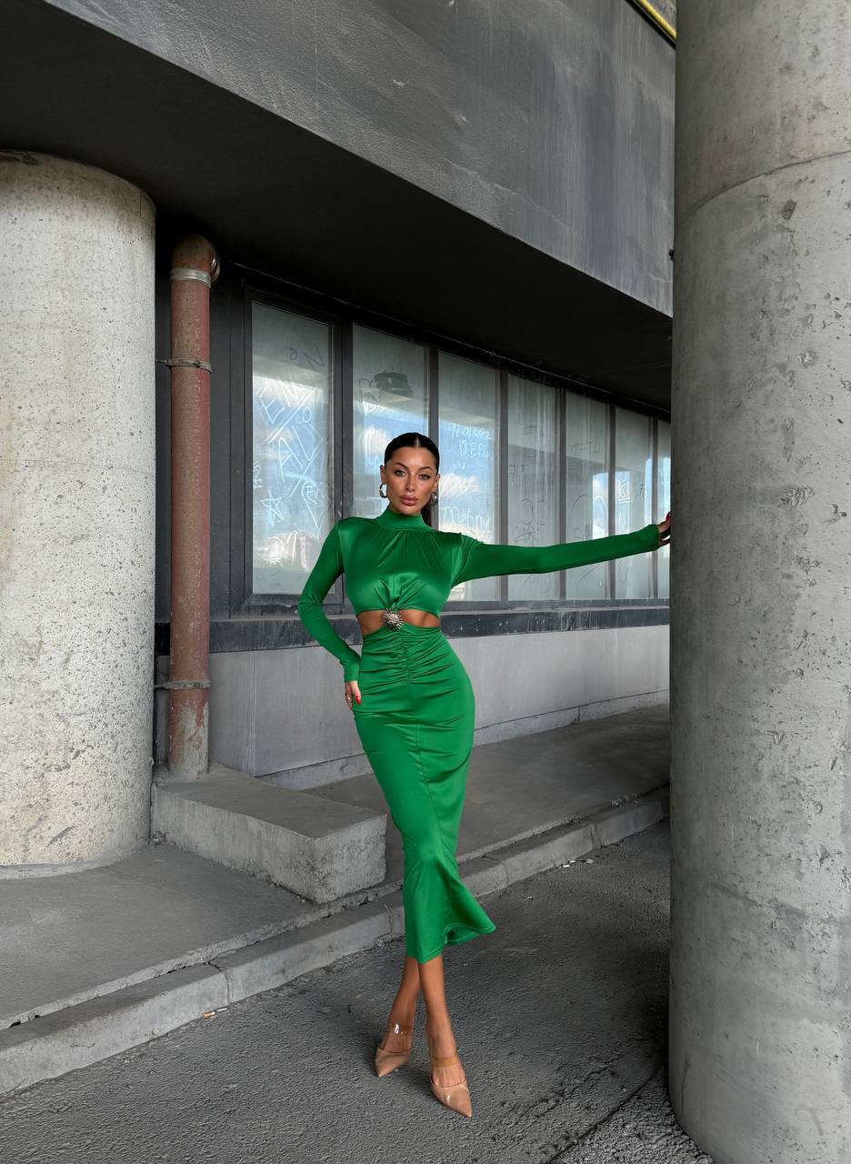 Saten Cut-Out Elbise - Yeşil