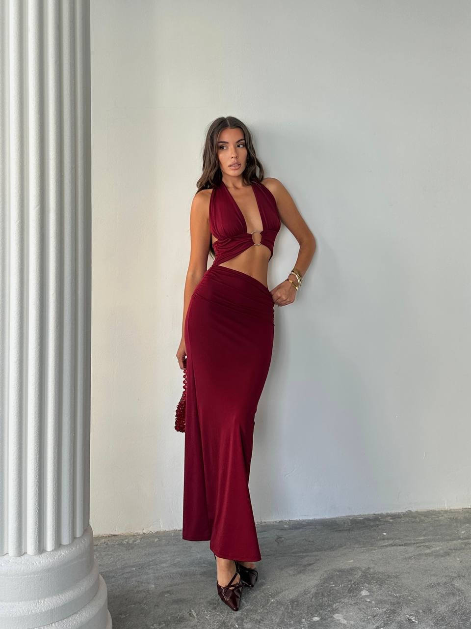 Cut-Out Uzun Elbise - BORDO