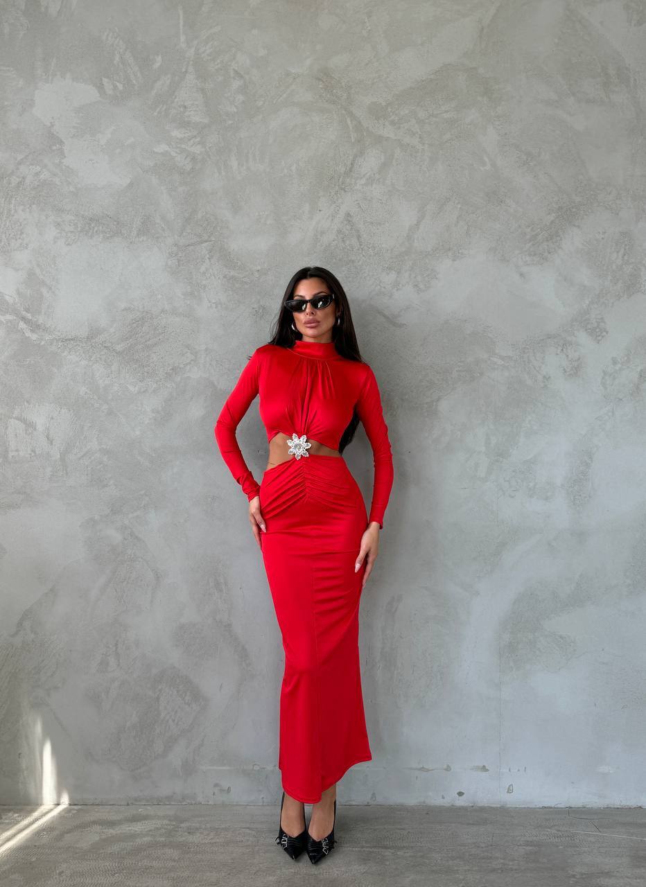 Saten Cut-Out Elbise - KIRMIZI