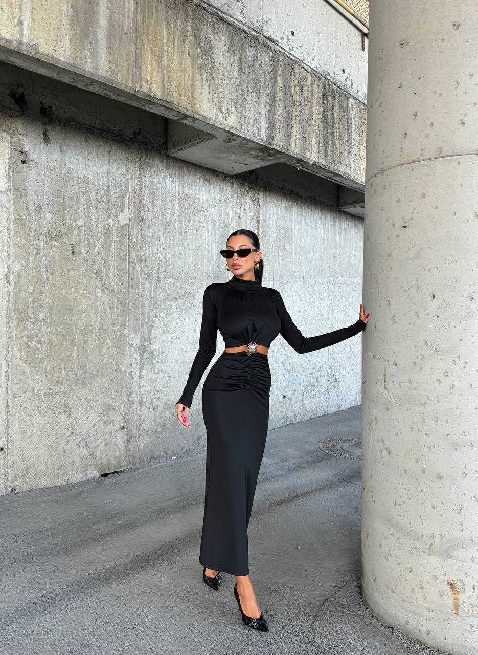 Saten Cut-Out Elbise - SİYAH