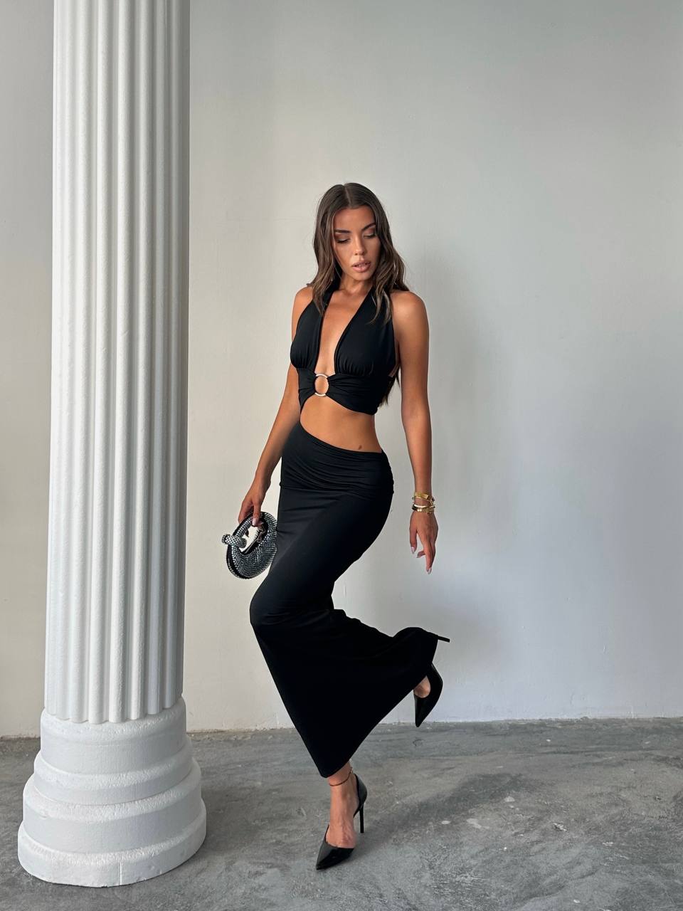 Cut-Out Uzun Elbise - SİYAH