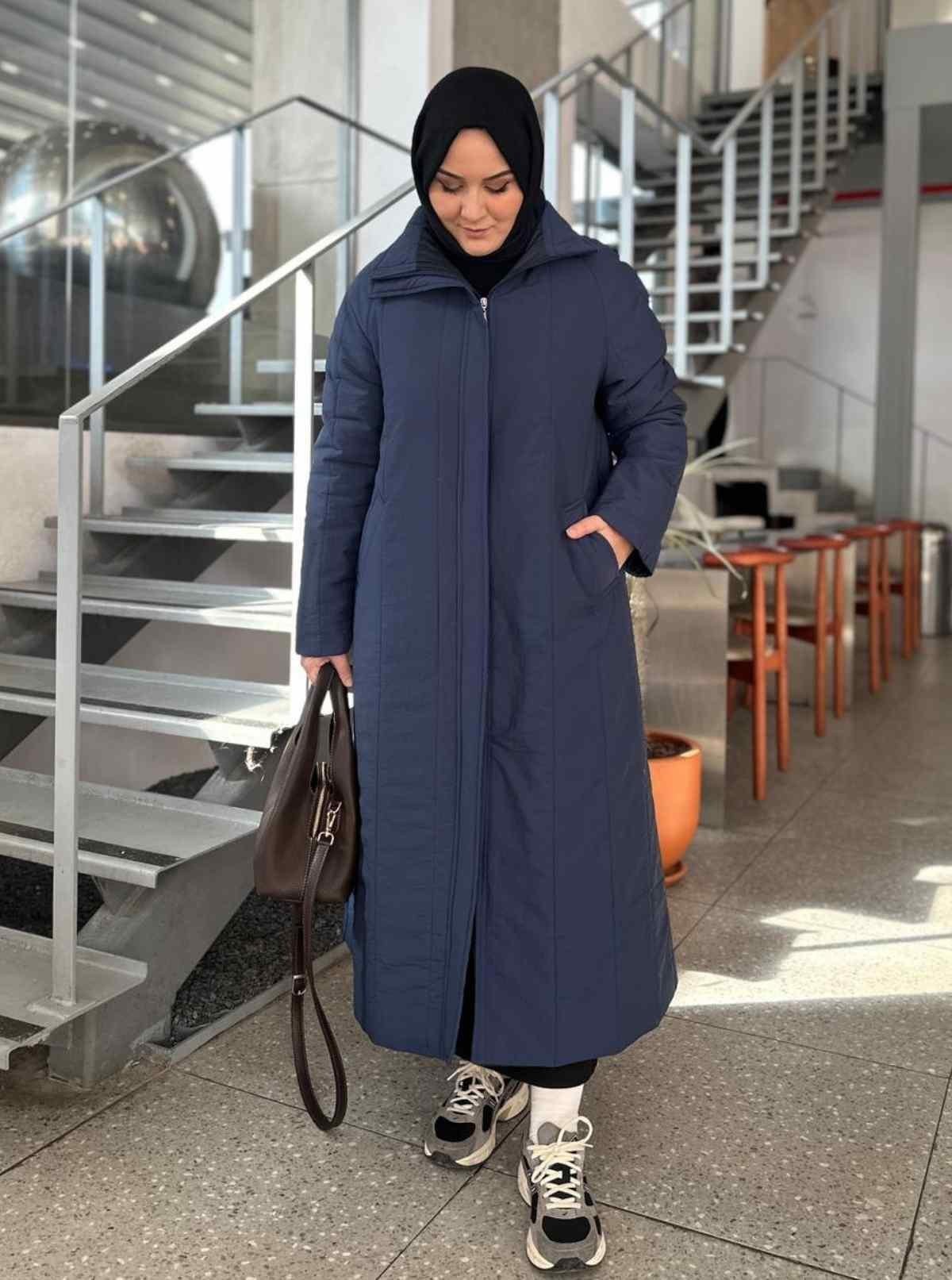 DİK YAKA FERMUARLI MONT MAVİ