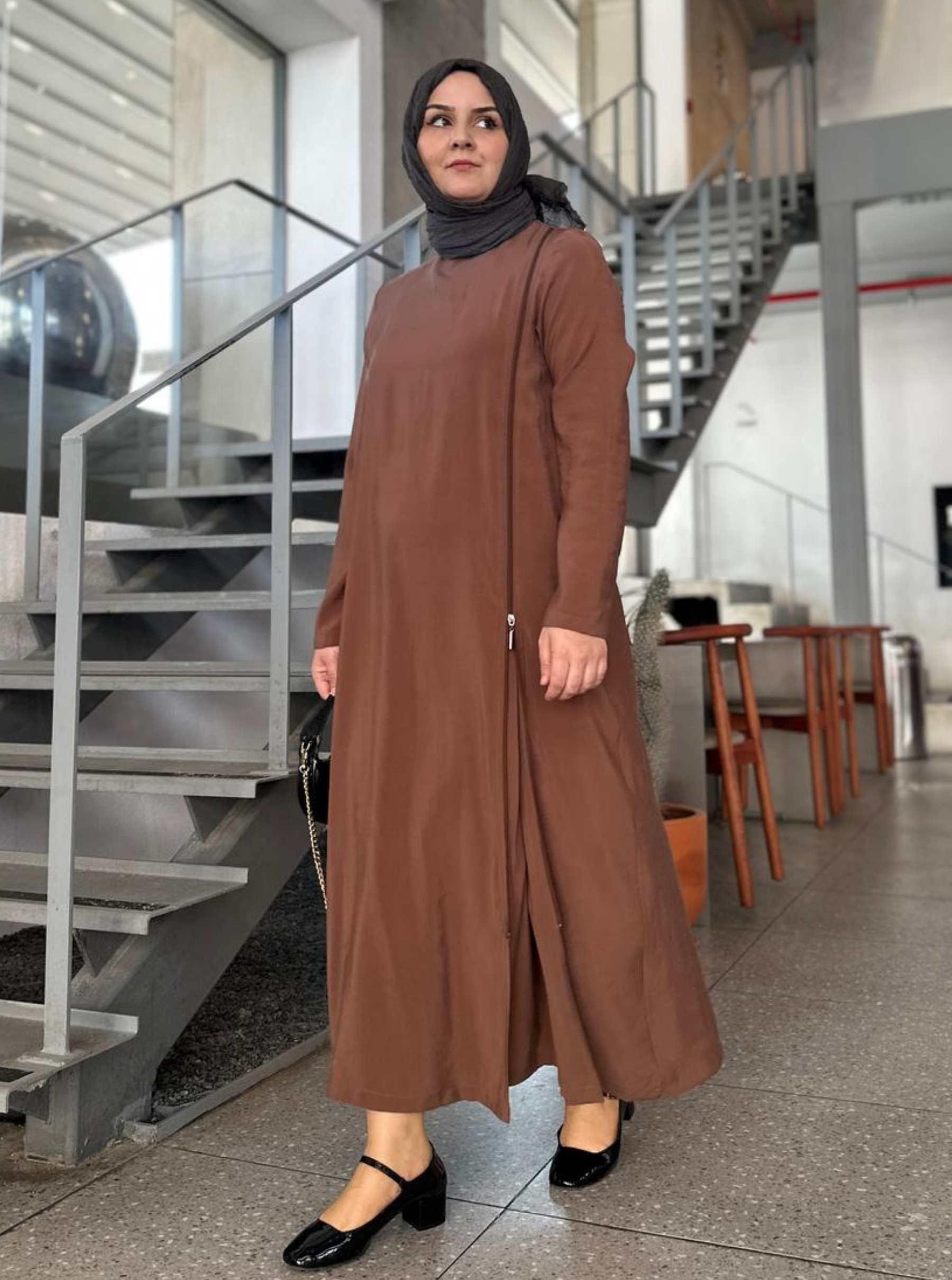 TENSEL FERMUARLI ELBİSE KAHVE