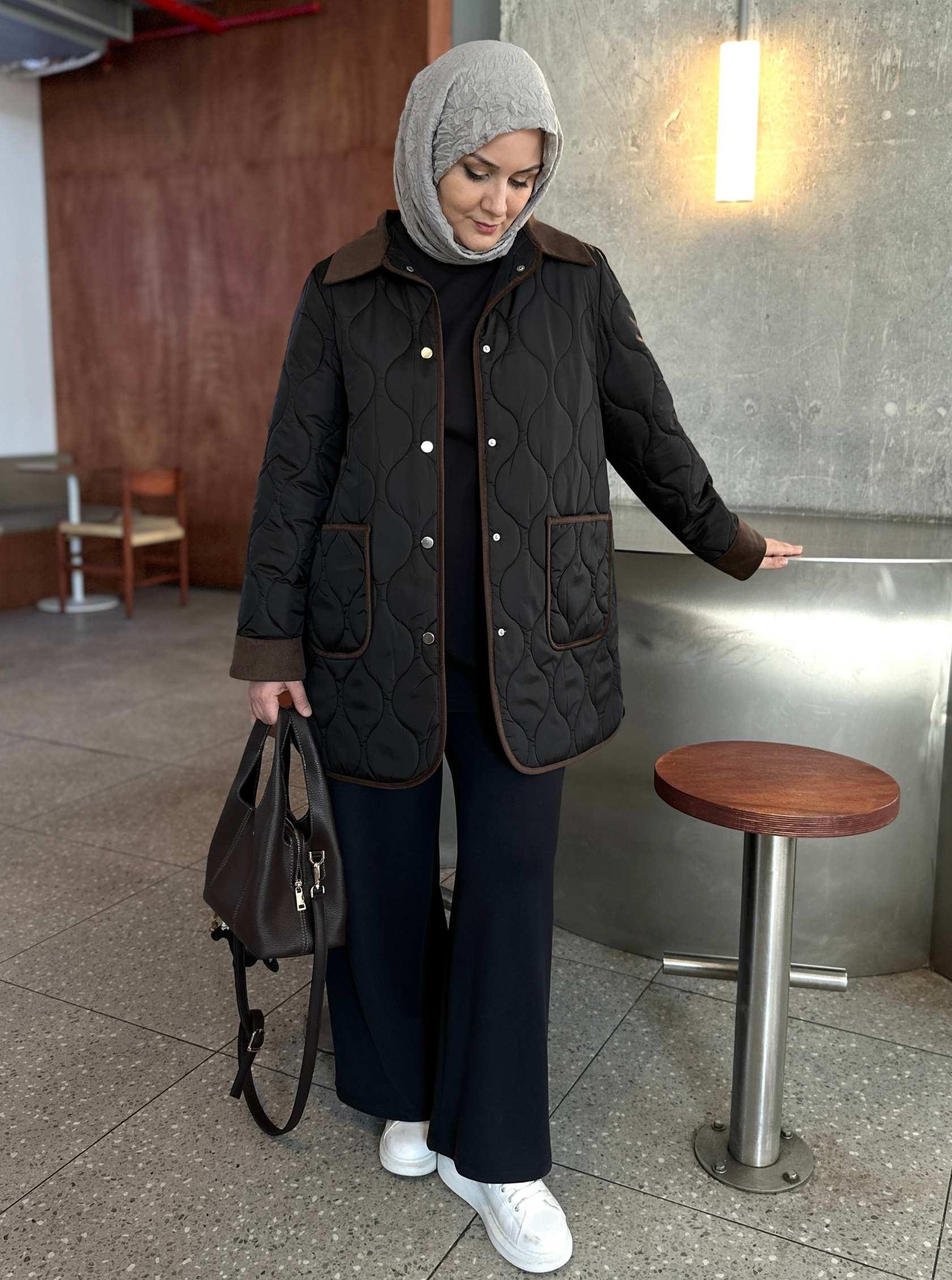 KISA SOĞAN DESENLİ KAPİTONE MONT SİYAH