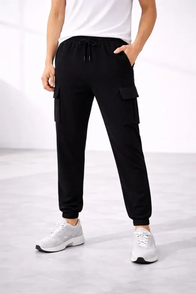 Erkek Jogger Eşofman Altı Regular Fit , Kargo Cepli, Lastikli Paça, Günlük Spor Pantolon - Siyah · 3