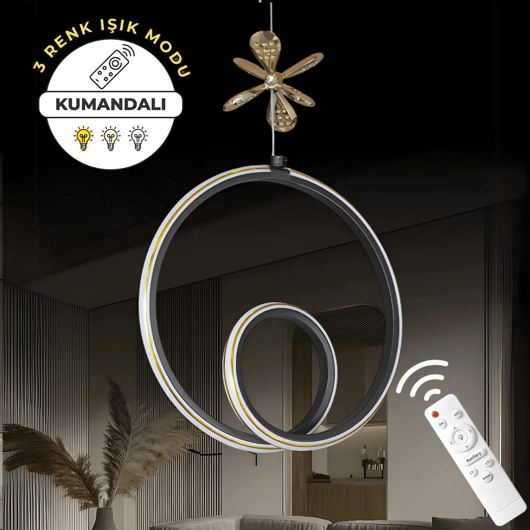 Yakamoz Siyah 3 Renk Kumandalı Gold Çizgili Kelebek Detaylı Sarkıt Ledli Dimmerli Avizeerli Avize