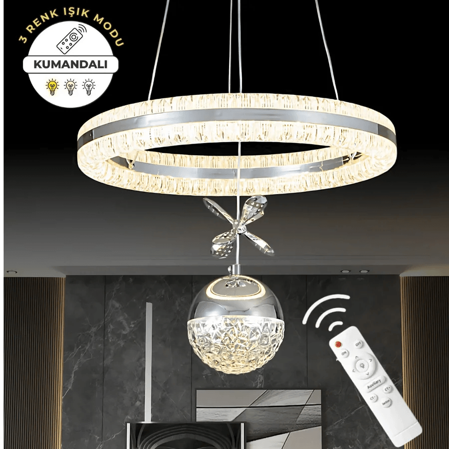 Işıltı Krom Kumandalı 3 Renk Ledli Çift Yönlü Aydınlatmalı Lüks Tasarım Ledli Avize Çap 40 cm Led Avize