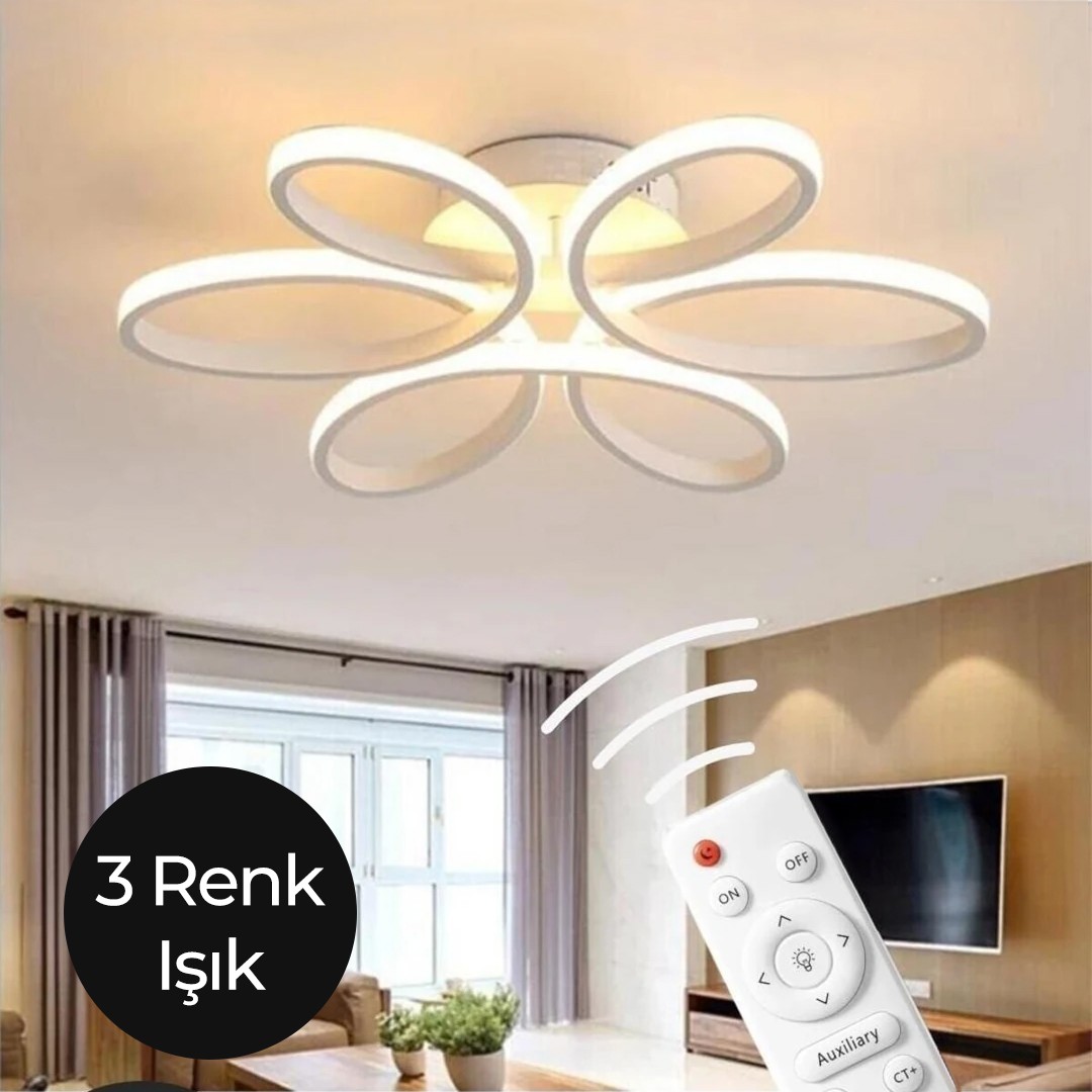 Nipul Beyaz Plafonyer Modern Kumandalı 3 Renk Işık Ledli Avize