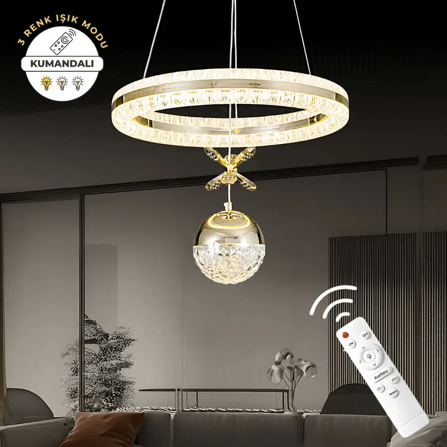 Işıltı Gold Kumandalı 3 Renk Ledli Çift Yönlü Aydınlatmalı Lüks Tasarım Ledli Avize Çap 40 cm