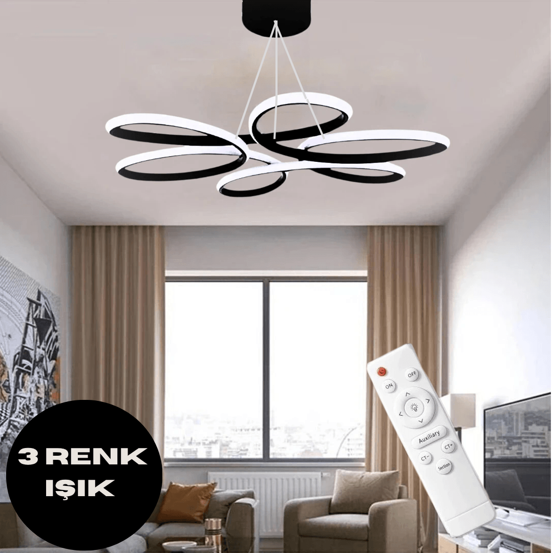 Nipul Siyah Sarkıt Modern Kumandalı 3 Renk Ledli Avize
