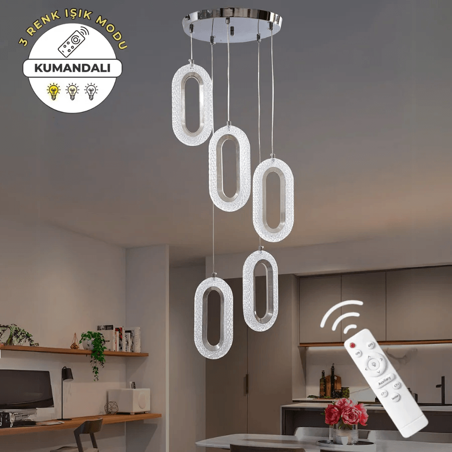 Helen Kristal Krom 5'li Lüks Kumandalı Dimmerli 3 Renk Ledli Modern Led Avize