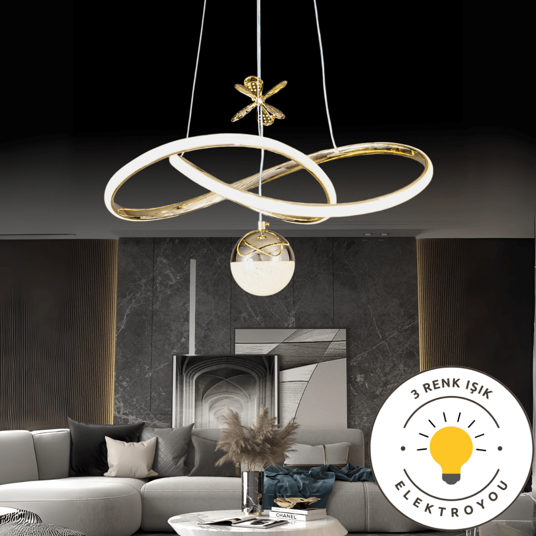 Eroda Gold Kaplama 3 Renk Ledli Modern Özel Tasarım Sarkıt Led Avize
