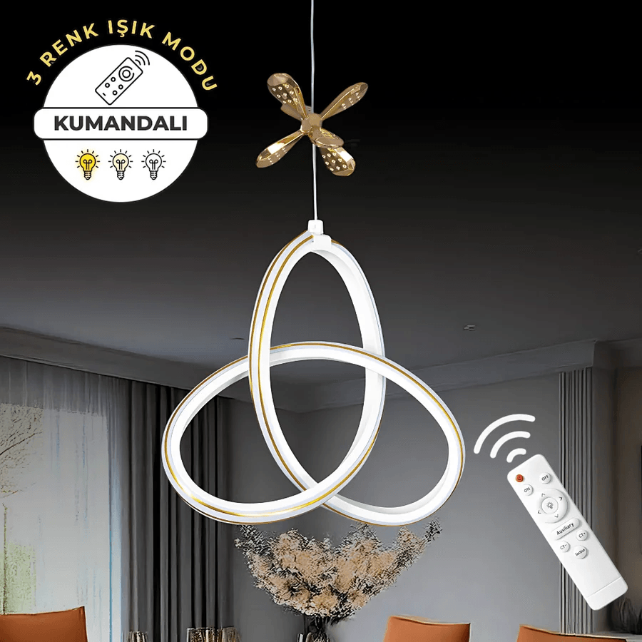 Yoncabeyaz Kumandalı 3 Renk Dimmerli LED Gold Çizgili Gold Kelebek Detaylı Sarkıt Avize