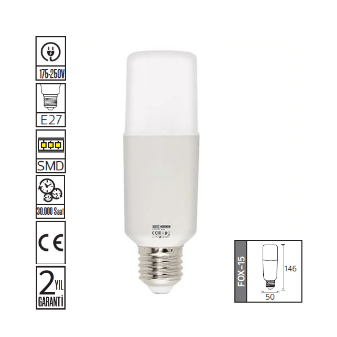 15W Fox Led Ampul Beyaz Işık 6400K E27 Duylu
