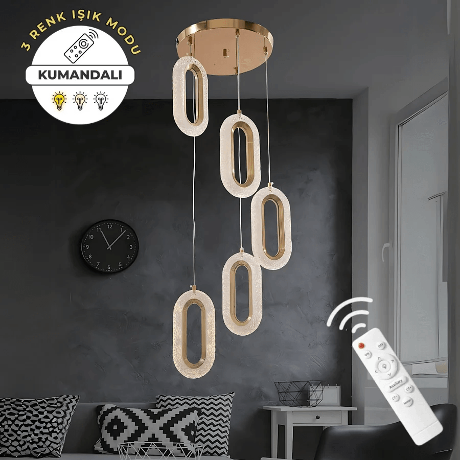Helen Kristal Gold 5'li Lüks Kumandalı Dimmerli 3 Renk Ledli Modern Led Avize