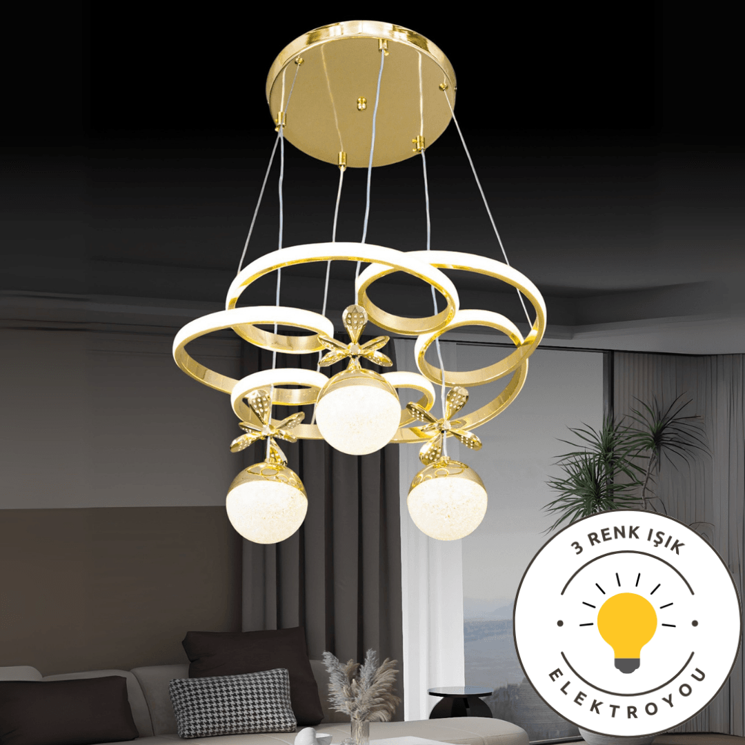 Avillam Gold Kaplama 3 Renk Ledli Modern Özel Tasarım Sarkıt Led Avize