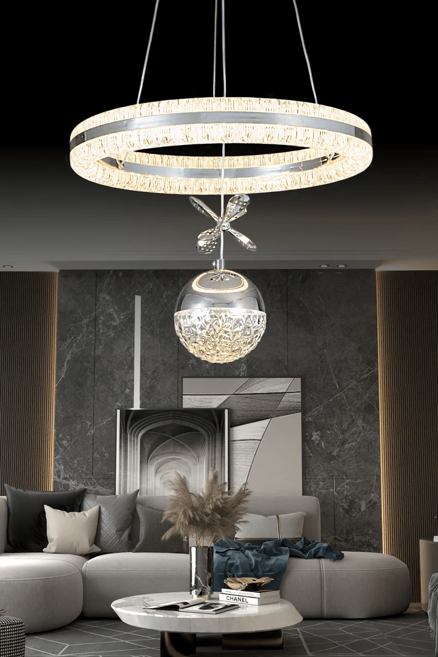 Işıltı Krom Kumandalı 3 Renk Ledli Çift Yönlü Aydınlatmalı Lüks Tasarım Ledli Avize Çap 40 cm Led Avize