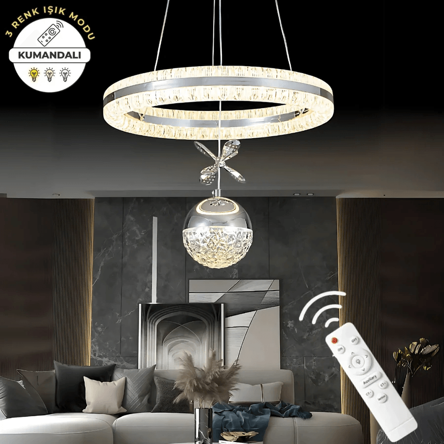 Işıltı Krom Kumandalı 3 Renk Ledli Çift Yönlü Aydınlatmalı Lüks Tasarım Ledli Avize Çap 40 cm Led Avize