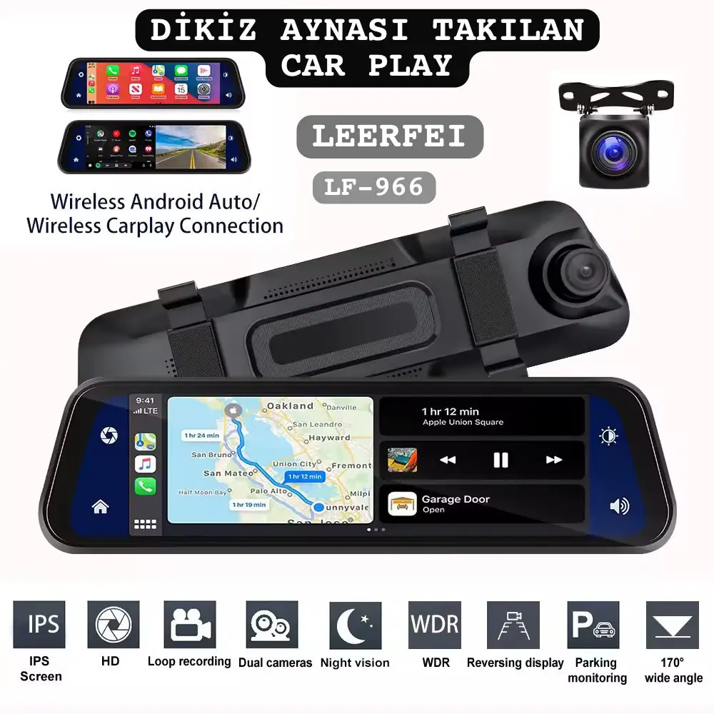 Mirror Dash Cam Çift Kameralı HD Kayıt Sistemi - Kablosuz CarPlay
