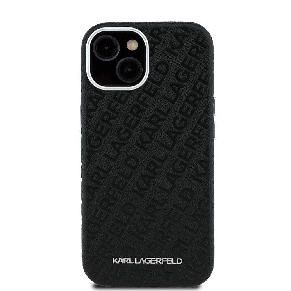 Apple iPhone 15 Kılıf Karl Lagerfeld Orjinal Lisanslı PU Deri Damgalı Metal Yazı Logolu Kapak