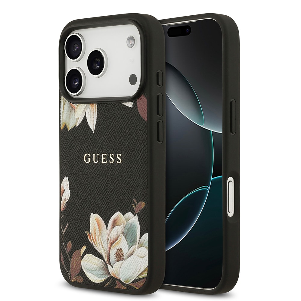 Apple iPhone 17 Pro Kılıf Guess Orjinal Lisanslı M-safe Şarj Özellikli Taneli Çiçek Tasarımlı Metal Yazı Logolu Kapak main variant image