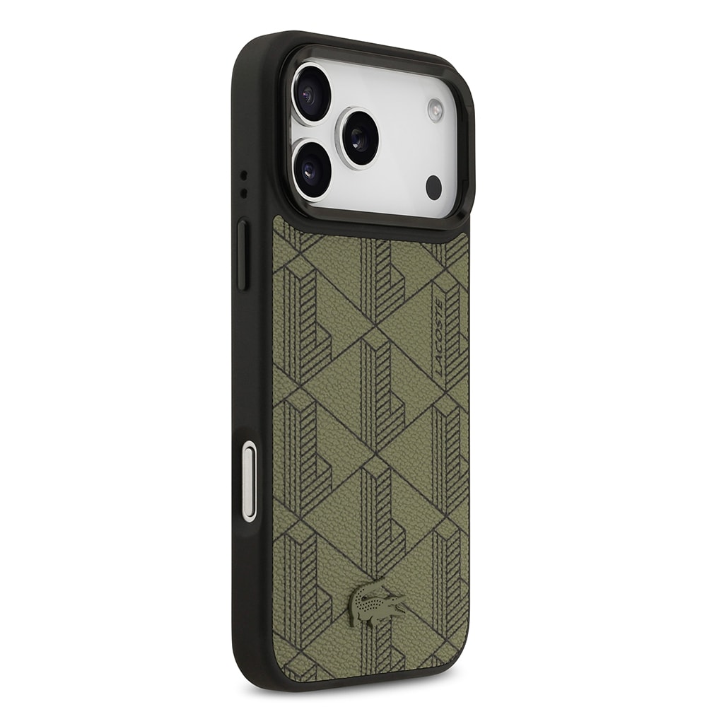 Apple iPhone 17 Pro Max Kılıf Lacoste Orjinal Lisanslı M-safe Şarj Özellikli Standlı PU Deri Karışık Monogram Desenli Kapak