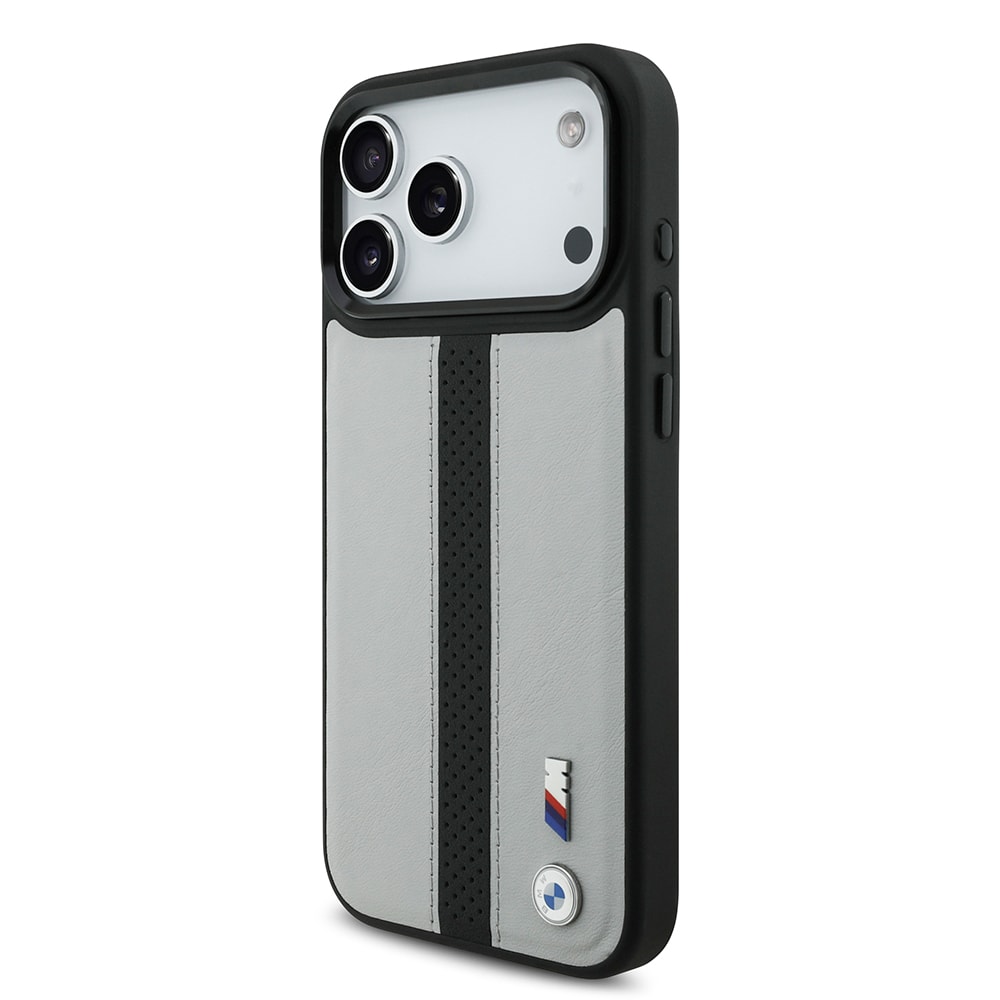 Apple iPhone 17 Pro Kılıf BMW Orjinal Lisanslı M-safe Şarj Özellikli Deri Arka Yüzey Metal Logolu Delikli Şerit Tasarımlı Kapak