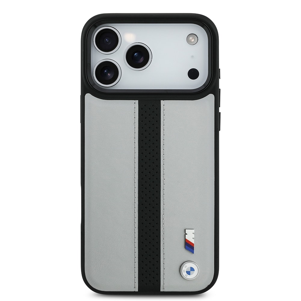 Apple iPhone 17 Pro Kılıf BMW Orjinal Lisanslı M-safe Şarj Özellikli Deri Arka Yüzey Metal Logolu Delikli Şerit Tasarımlı Kapak