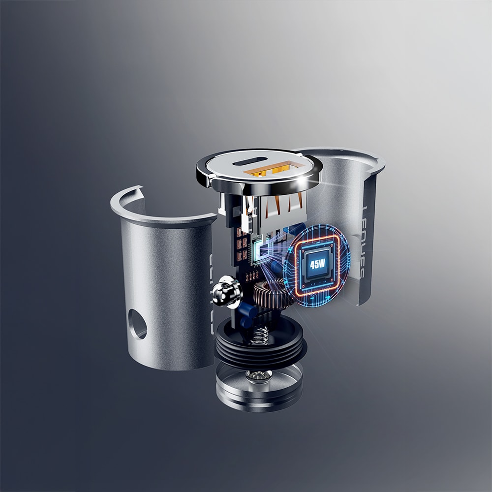 Lenyes CA60 Hızlı Şarj Özellikli Dual Type-C + USB-A Portlu Mini Araç Şarj Aleti PD 45W