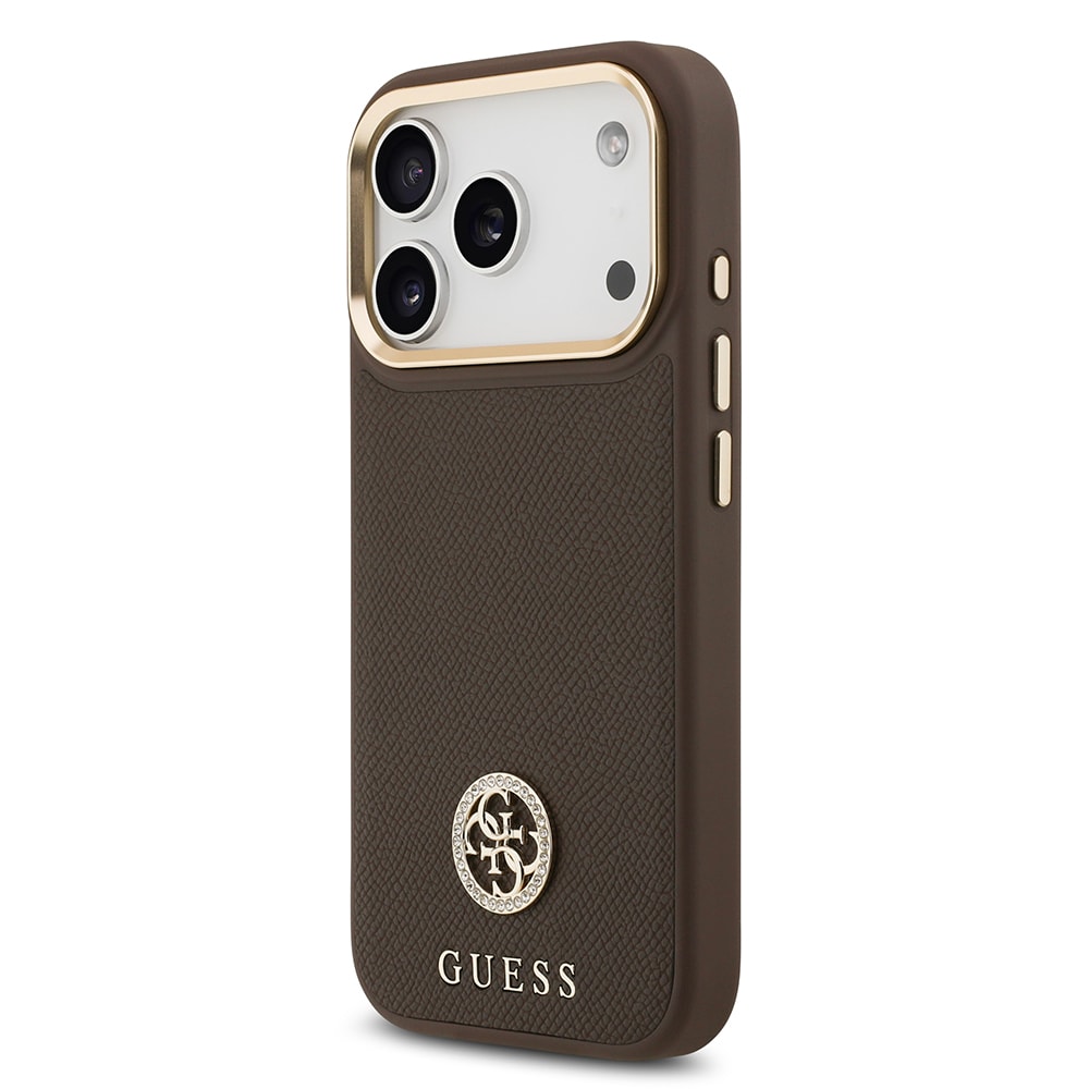 Apple iPhone 17 Pro Kılıf Guess Orjinal Lisanslı M-safe Şarj Özellikli Grained Yazı ve Taşlı 4G Logolu Kapak