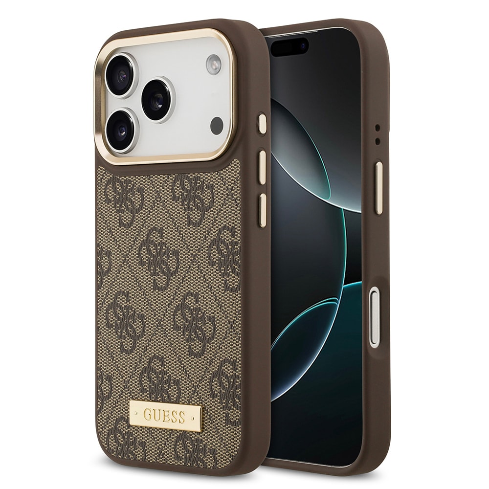 Apple iPhone 17 Pro Kılıf Guess Orjinal Lisanslı M-safe Şarj Özellikli 4G Desenli PU Metal Plaka Klasik Logolu Kapak image