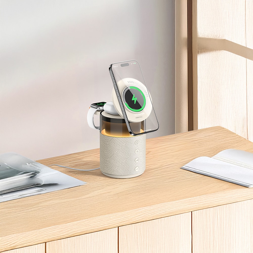 Recci RCW-51 Kablosuz Şarj Standı Ambiyans Işıklı Bluetooth Speaker Hoparlör Özellikli