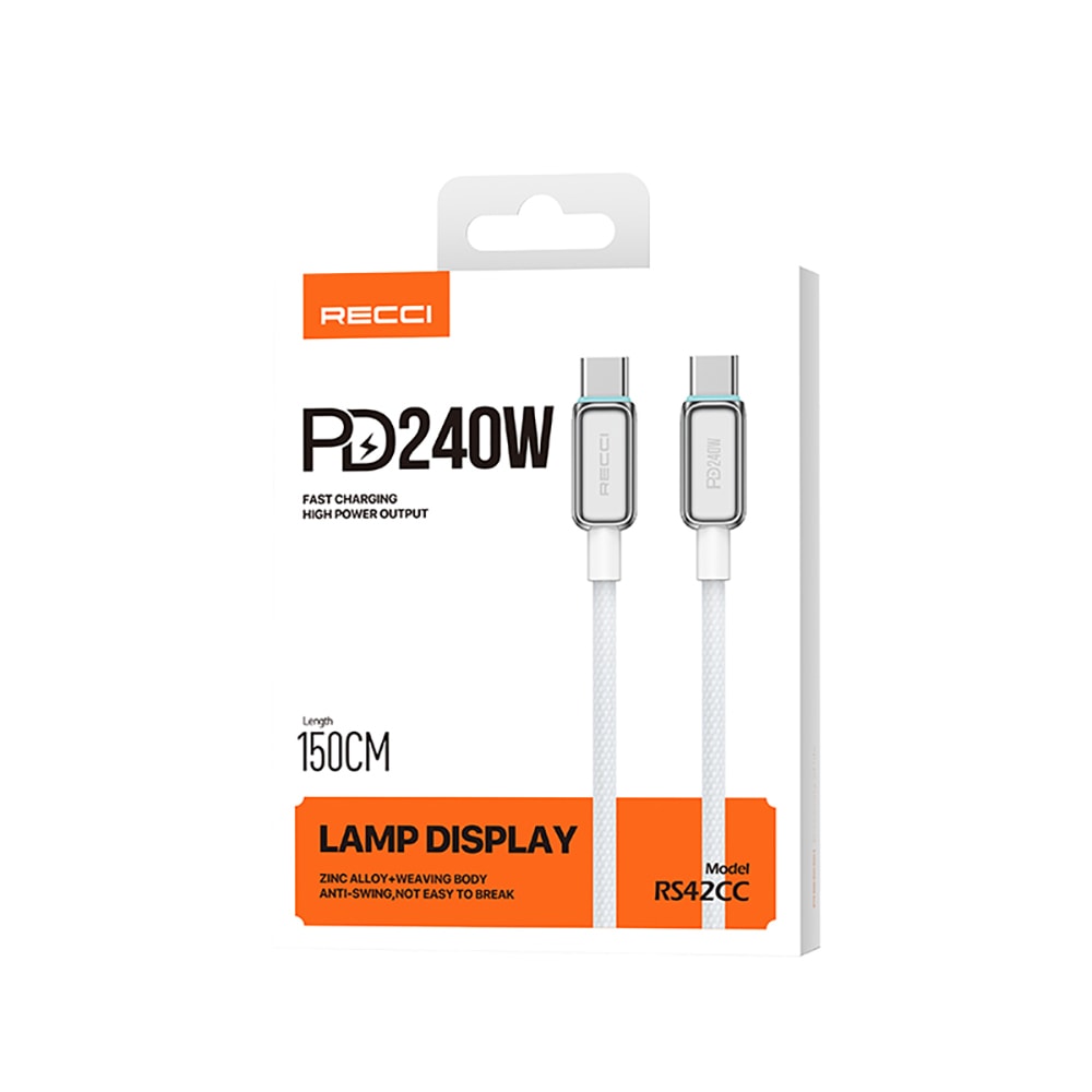 Recci RS42CC Lamp Display Serisi Type-C to Type-C PD 240W Hızlı Şarj Özellikli Data ve Şarj Kablosu 1.5M
