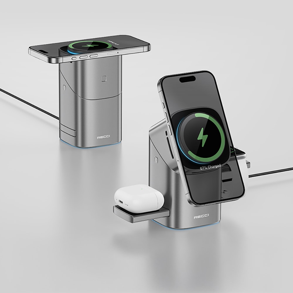 Recci RW05 Qi2 Şarj Teknolojili Ambiyans Işıklı Telefon&Akıllı Saat&Kulaklık 15W 3in1 Kablosuz Şarj Standı
