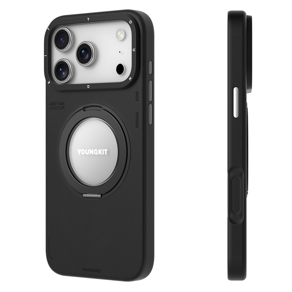 Apple iPhone 17 Pro Max Kılıf M-safe Şarj Özellikli 360 Derece Standlı Basit Mat Deri Desenli Youngkit Tech Leather Serisi Kapak