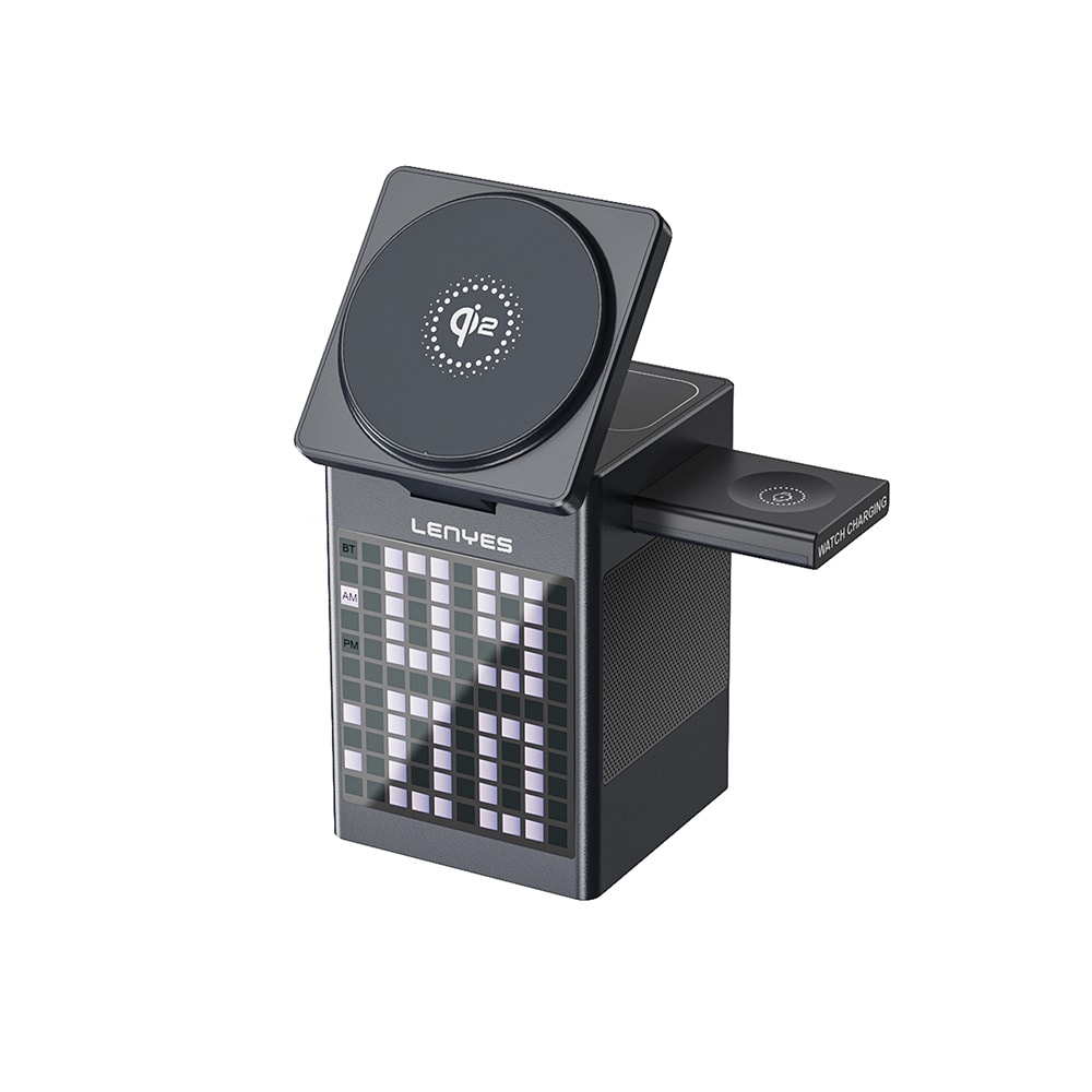 Lenyes PW320 Qi2 Şarj Teknolojili Alarmlı Bluetooth Speaker Özellikli Telefon&Akıllı Saat&Kulaklık 15W 6in1 Kablosuz Şarj Standı image