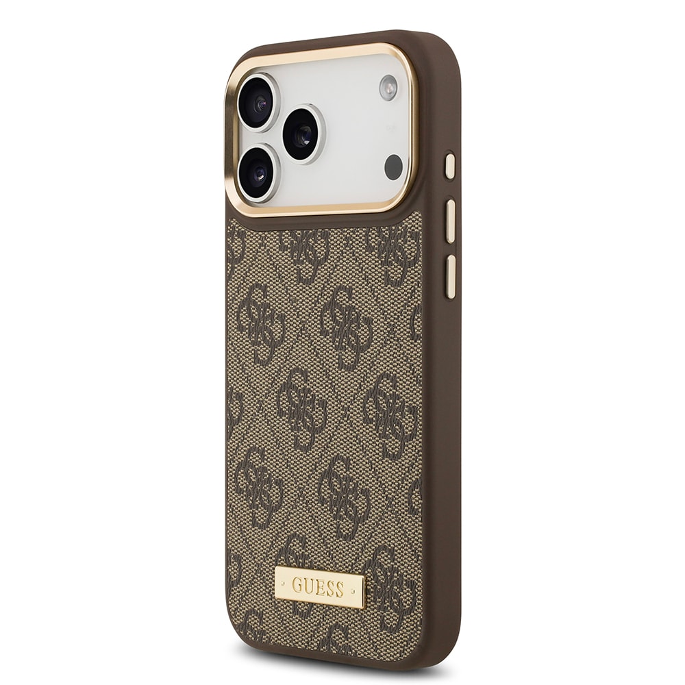 Apple iPhone 17 Pro Max Kılıf Guess Orjinal Lisanslı M-safe Şarj Özellikli 4G Desenli PU Metal Plaka Klasik Logolu Kapak