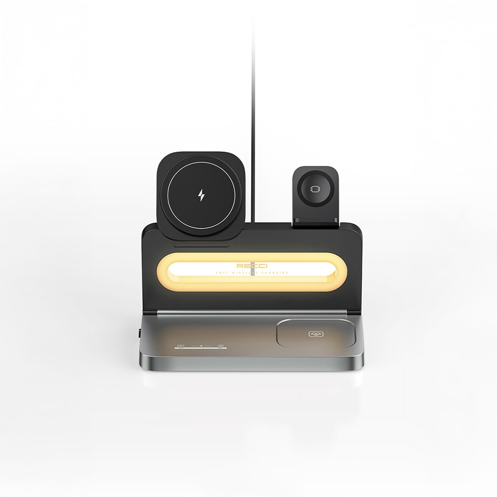 Recci RCW-49 Ambiyans Işıklı Telefon&Akıllı Saat&Kulaklık 15W 4in1 Kablosuz Şarj Standı