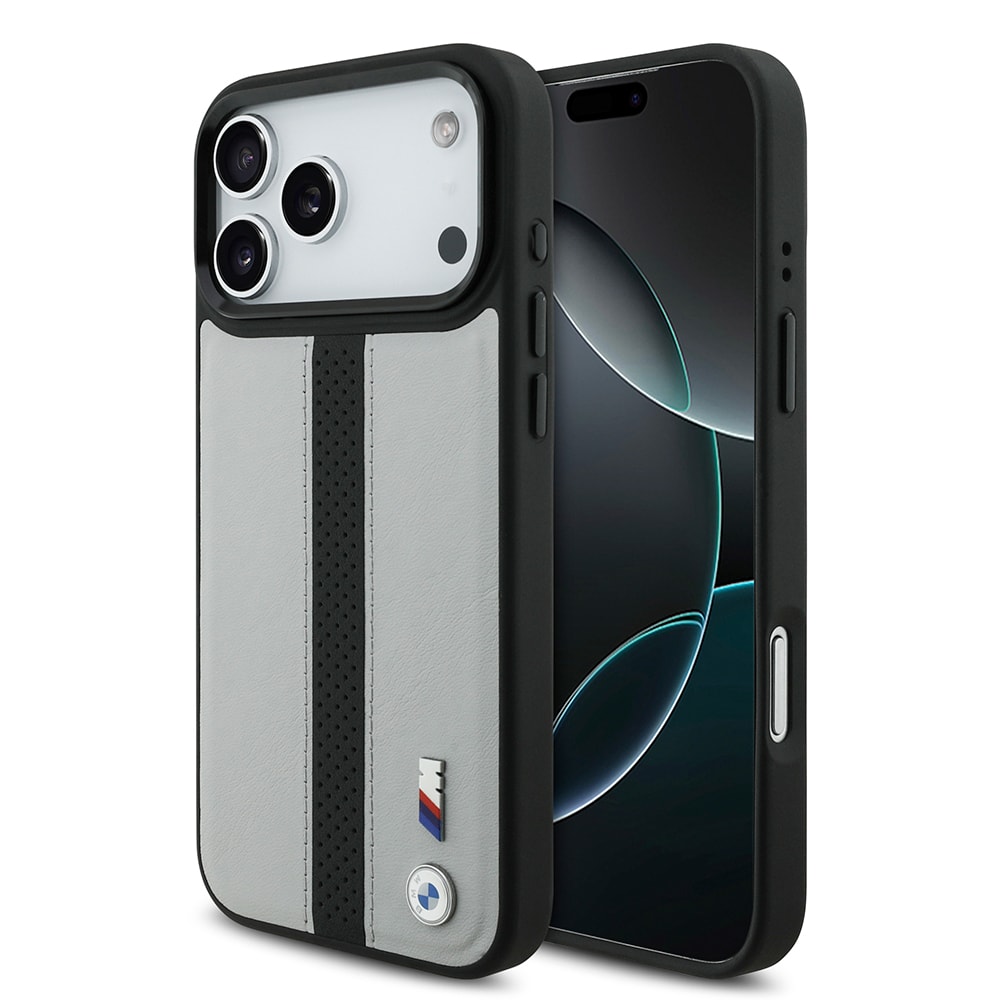 Apple iPhone 17 Pro Kılıf BMW Orjinal Lisanslı M-safe Şarj Özellikli Deri Arka Yüzey Metal Logolu Delikli Şerit Tasarımlı Kapak