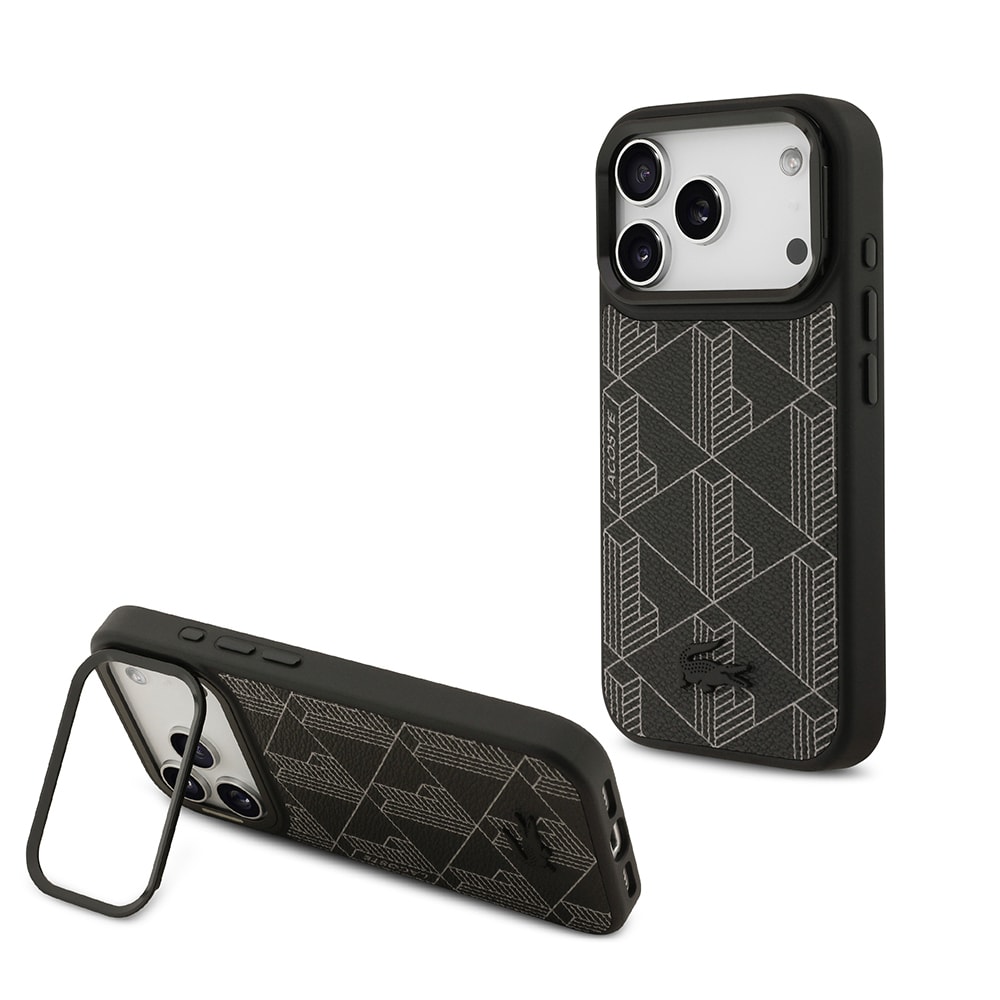 Apple iPhone 17 Pro Kılıf Lacoste Orjinal Lisanslı M-safe Şarj Özellikli Standlı PU Deri Karışık Monogram Desenli Kapak