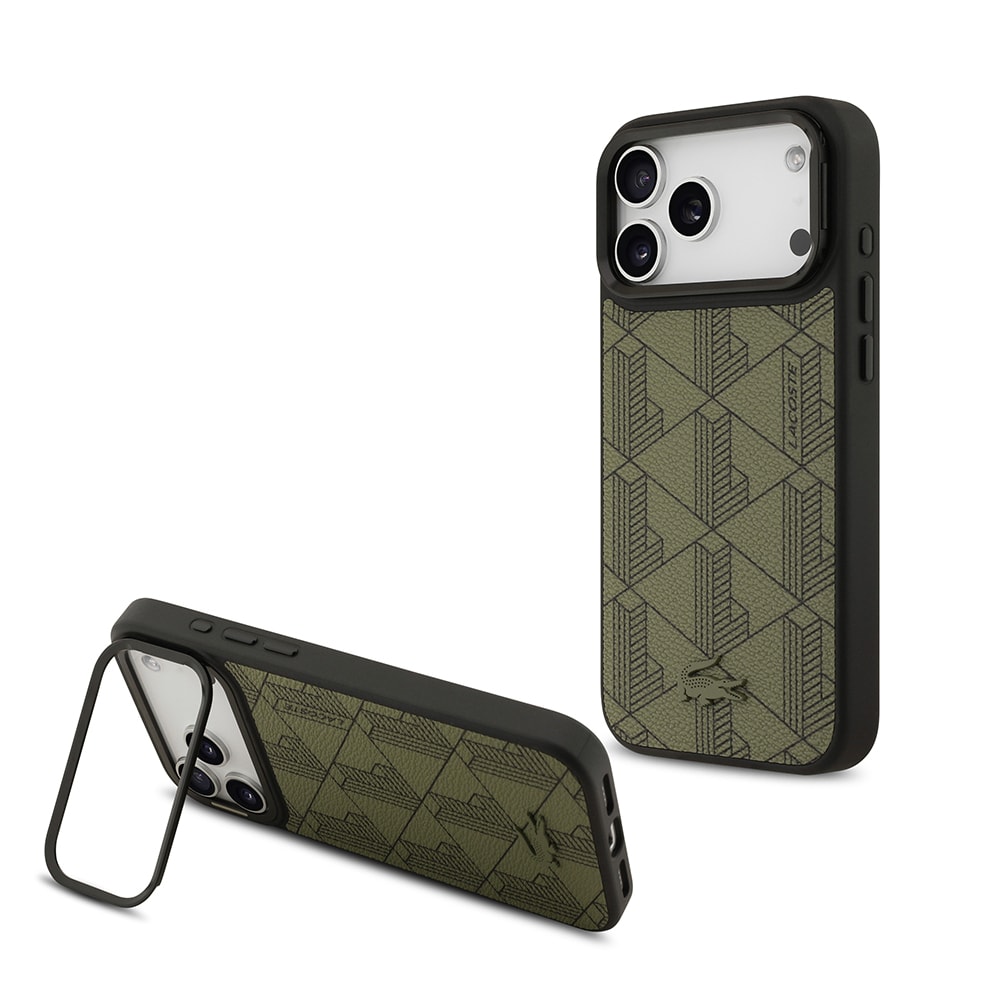 Apple iPhone 17 Pro Max Kılıf Lacoste Orjinal Lisanslı M-safe Şarj Özellikli Standlı PU Deri Karışık Monogram Desenli Kapak image