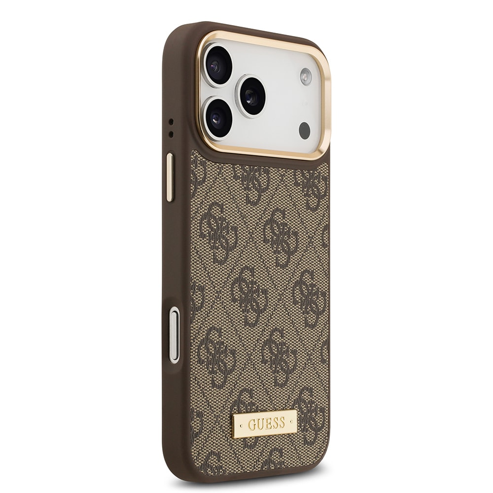 Apple iPhone 17 Pro Max Kılıf Guess Orjinal Lisanslı M-safe Şarj Özellikli 4G Desenli PU Metal Plaka Klasik Logolu Kapak