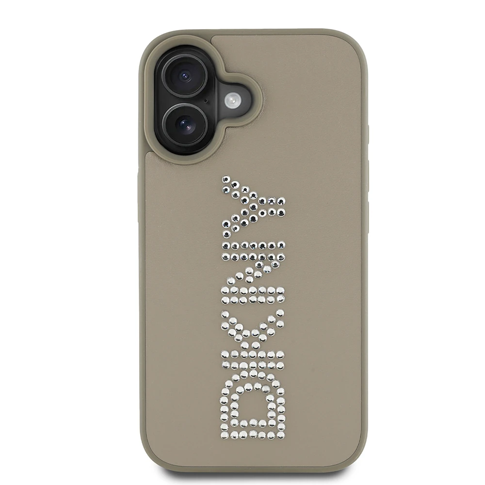 iPhone 16 Kılıf DKNY Orjinal Lisanslı Taşlı DKNY Yazılı Metalik Rhinestones PU Deri Kapak