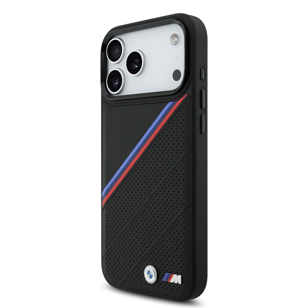 Apple iPhone 17 Pro Max Kılıf BMW Orjinal Lisanslı M-safe Şarj Özellikli M Logolu Üç Şeritli Delikli Deri Kapak