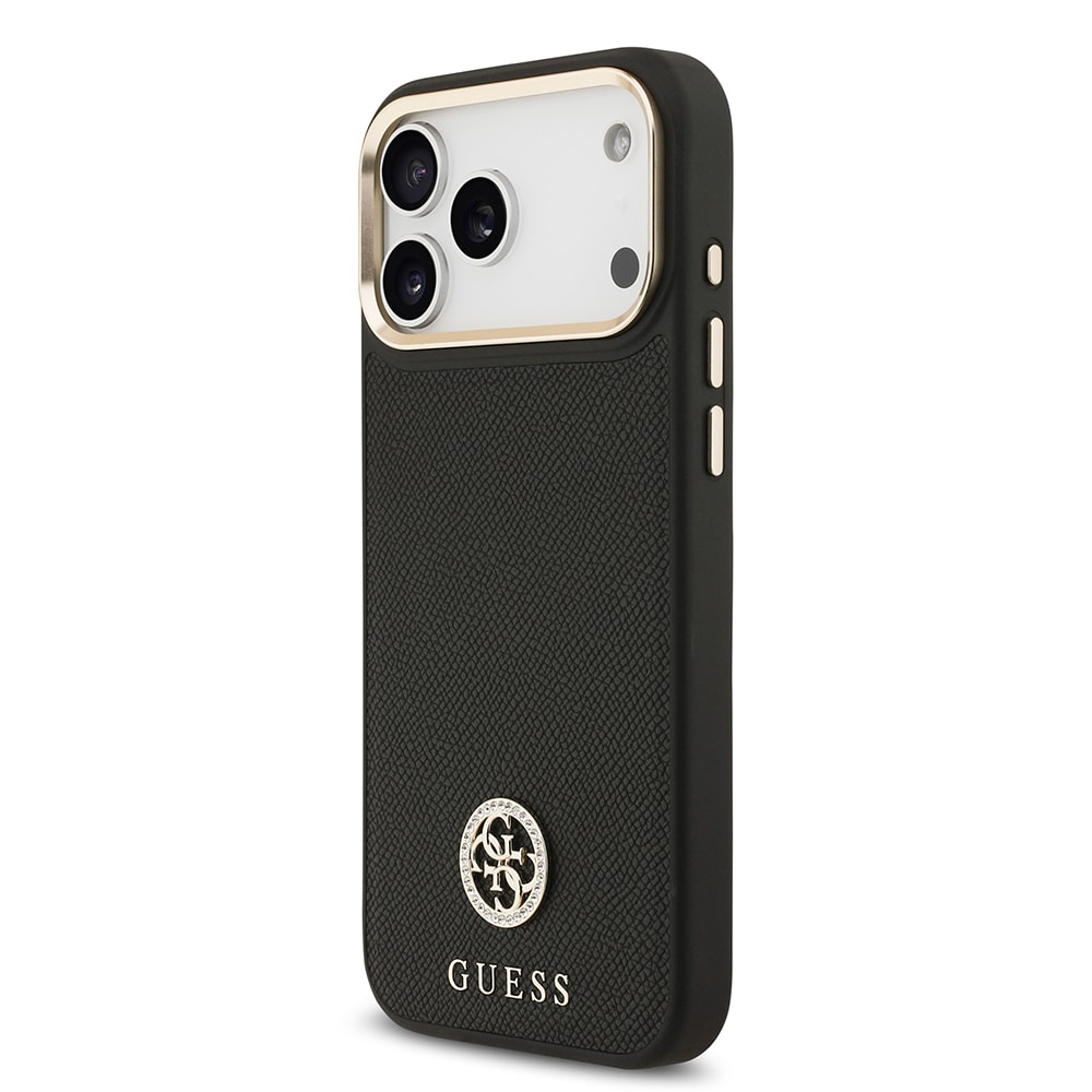Apple iPhone 17 Pro Max Kılıf Guess Orjinal Lisanslı M-safe Şarj Özellikli Grained Yazı ve Taşlı 4G Logolu Kapak