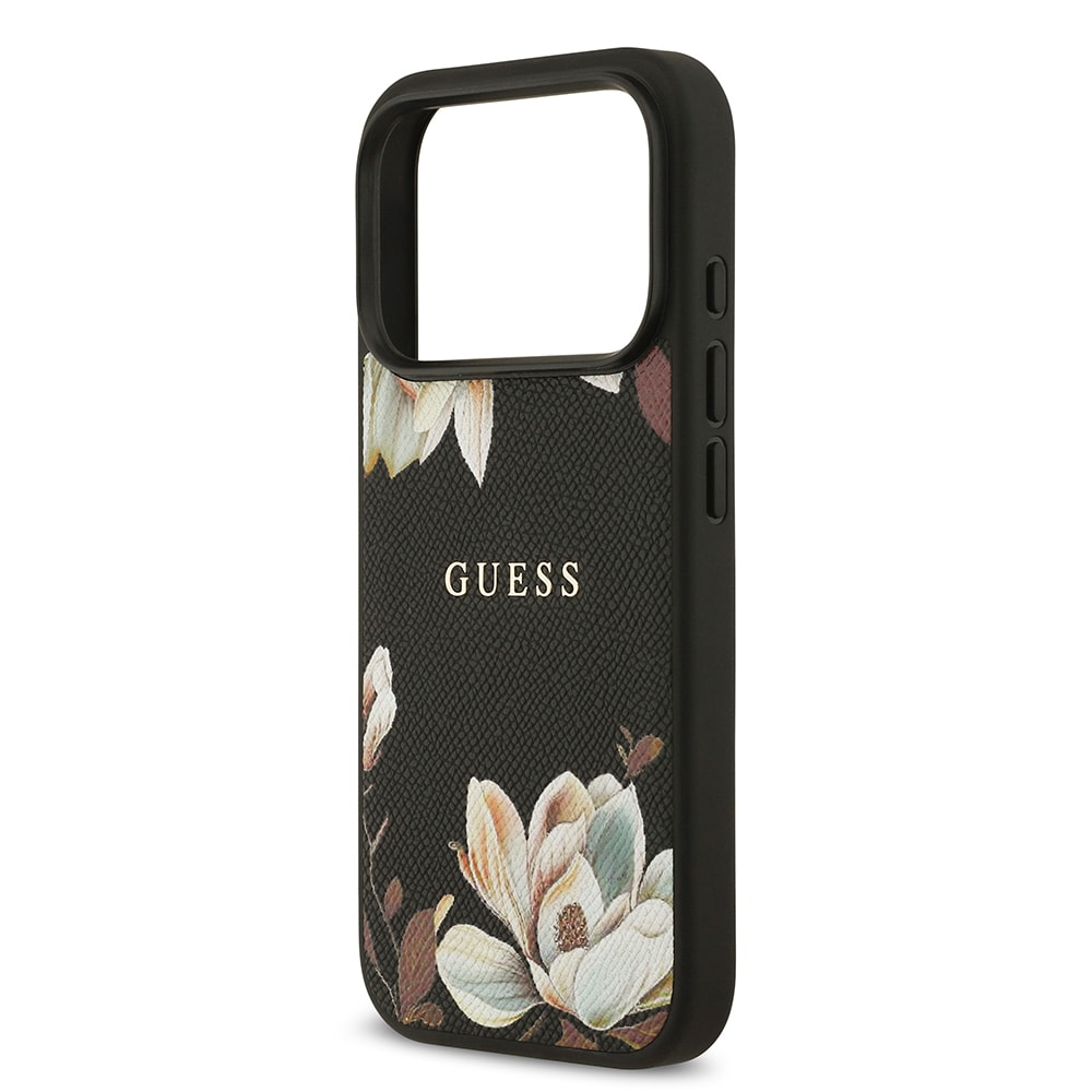 Apple iPhone 17 Pro Kılıf Guess Orjinal Lisanslı M-safe Şarj Özellikli Taneli Çiçek Tasarımlı Metal Yazı Logolu Kapak
