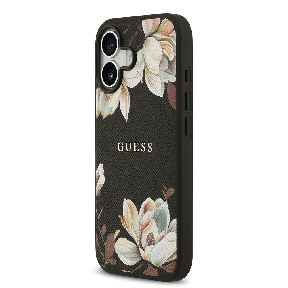 Apple iPhone 17 Kılıf Guess Orjinal Lisanslı M-safe Şarj Özellikli Taneli Çiçek Tasarımlı Metal Yazı Logolu Kapak